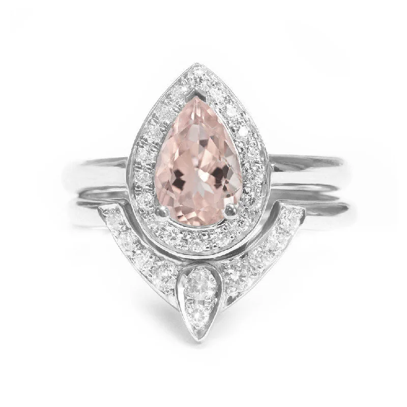 Pear Morganite & Diamonds Halo Unique Engagement Rings Set, The 3rd Eye