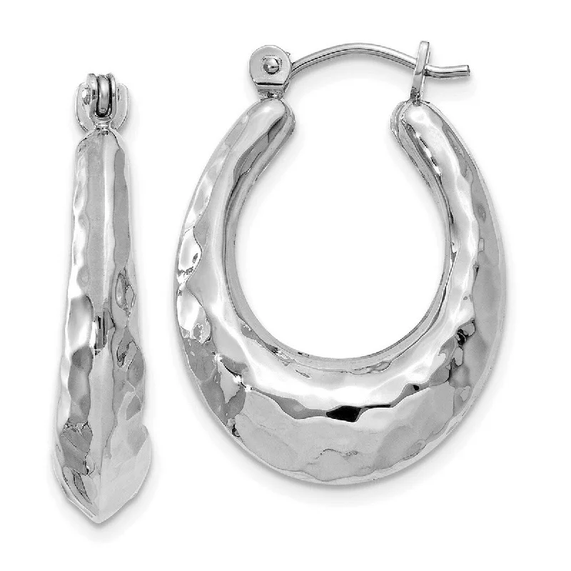 Curata 14k White Gold Hollow Polished 11x6mm Hinged Post Hammered Hoop Earrings