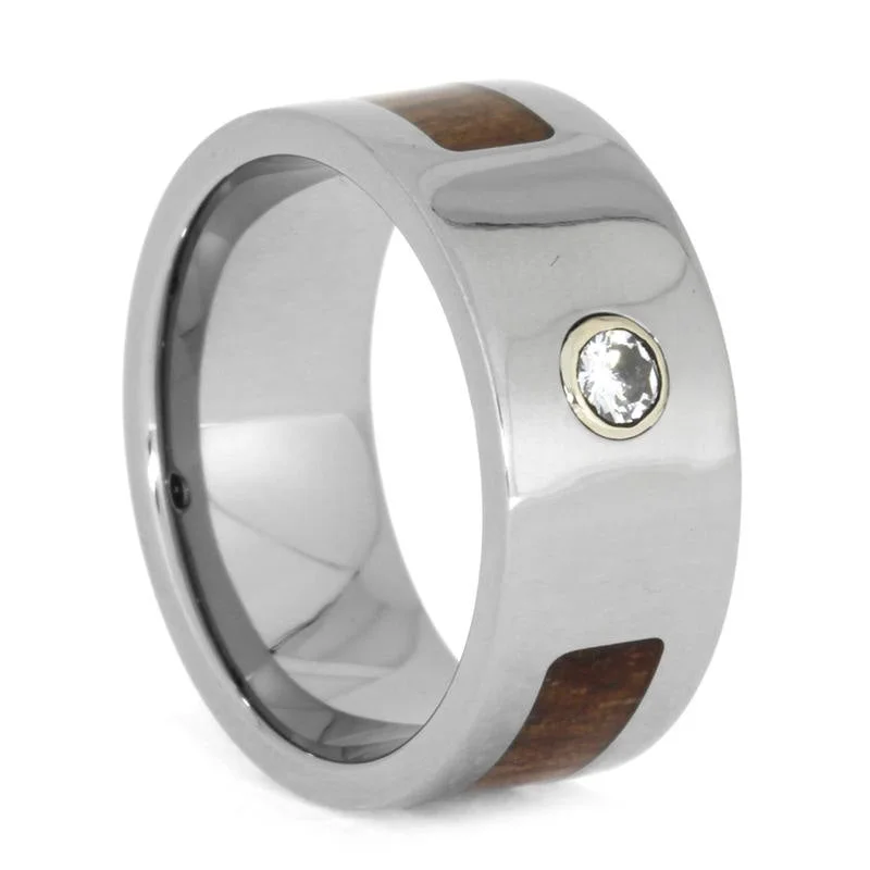 Diamond Engagement Ring in Koa Wood, Wood Ring in Titanium