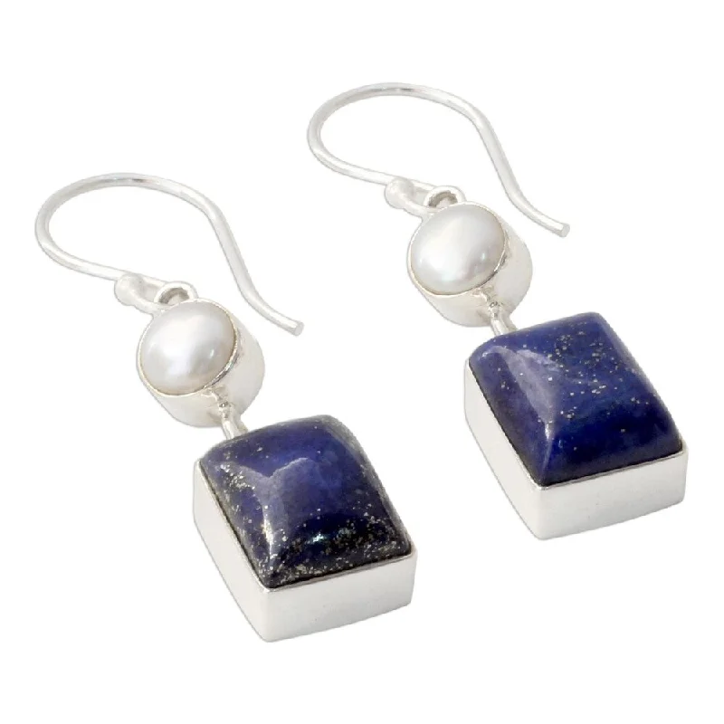 NOVICA Handmade Sterling Silver Lapis Lazuli Cultured Pearl Earrings (India) - Blue - 10mmW*43mmL