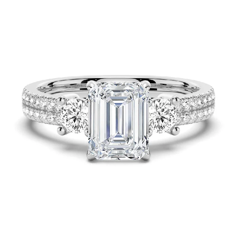 Double Row Pave Three Stone Emerald Cut Engagement Ring