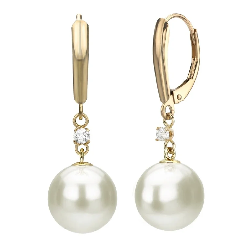 DaVonna 14k Yellow Gold 1/10cttw diamond Freshwater Pearl Lever-back Earrings