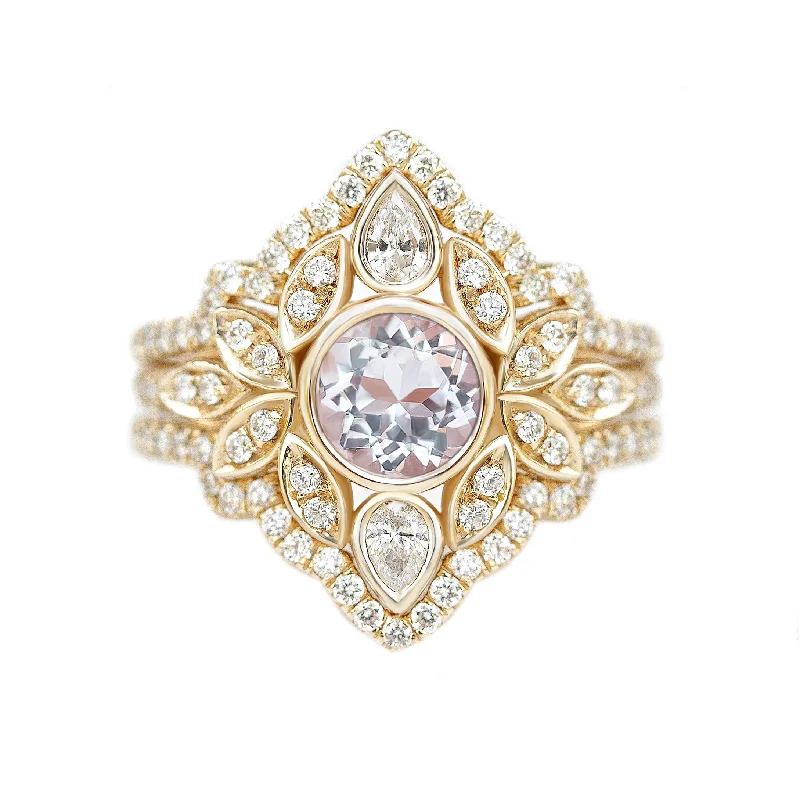 Morganite & Diamonds Flower Engagement Ring With Pave Diamond Rings Guard- Lily #5 ♥