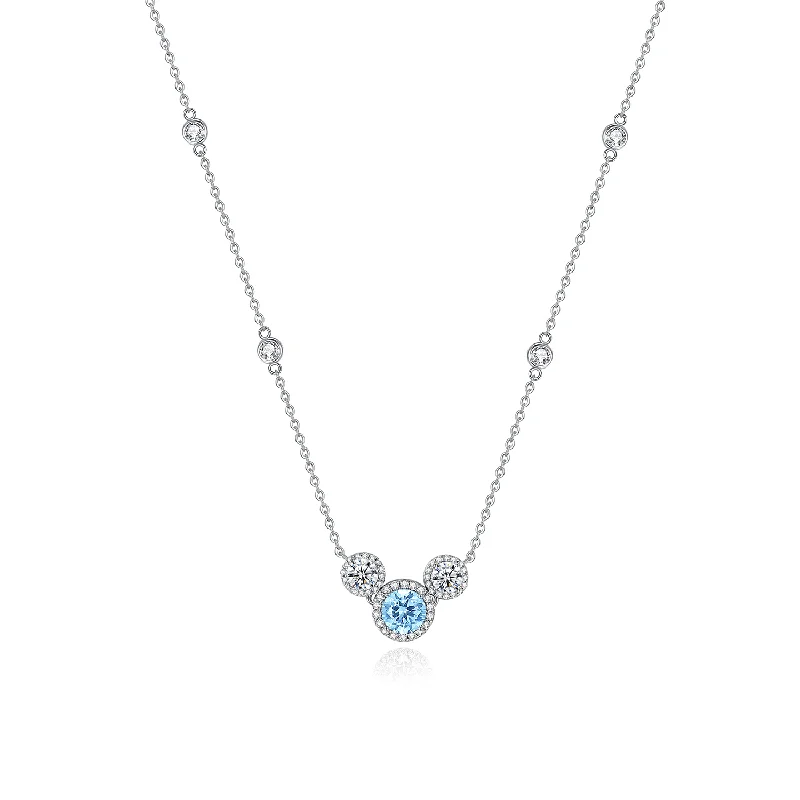 "Crystal Bleu" Halo Setting Round Sterling Silver Necklace