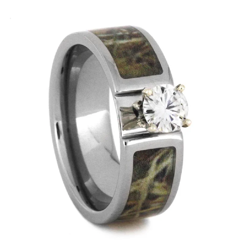 Moissanite Engagement Ring with Camo Inlay in Band