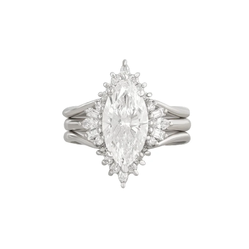 3 Carat Marquise Lab Diamond Modern Engagement Ring, with Two Matching V Nesting Rings