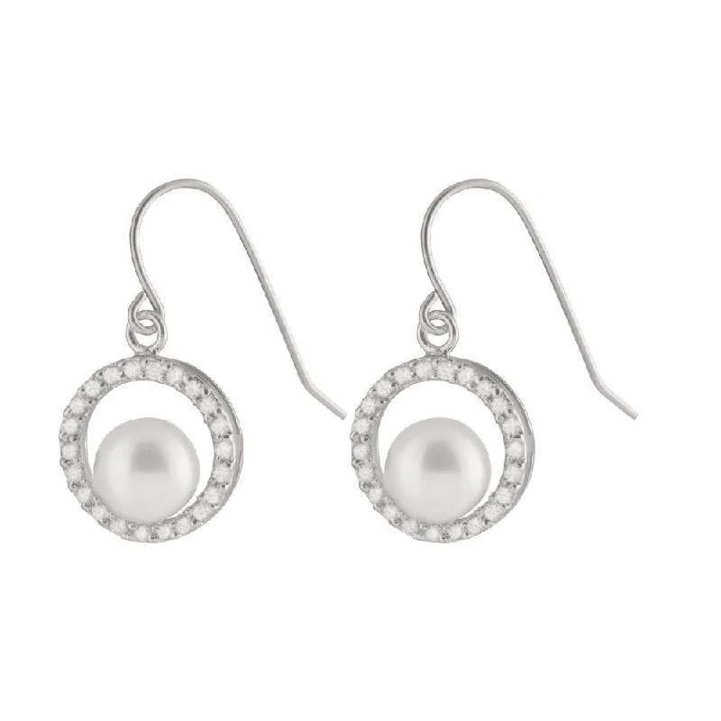 Sterling Silver Cubic Zirconia and Freshwater White Pearl Earrings (7-8mm)