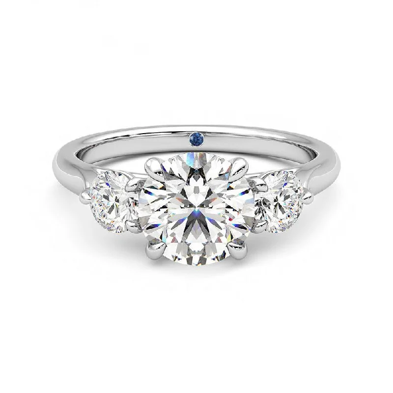 Four Prong Three Stone Round Moissanite Engagement Ring with Hidden Anniversary Stone Accent