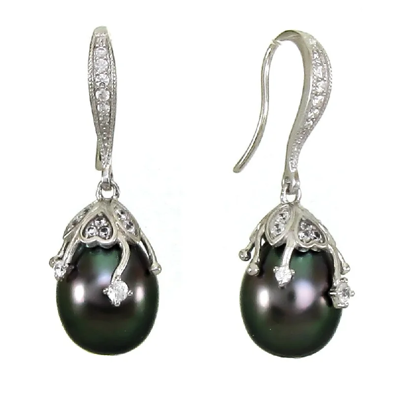 DaVonna Sterling Silver 10-10.5mm Black Off-shape Tahitian Pearl Drop Earrings