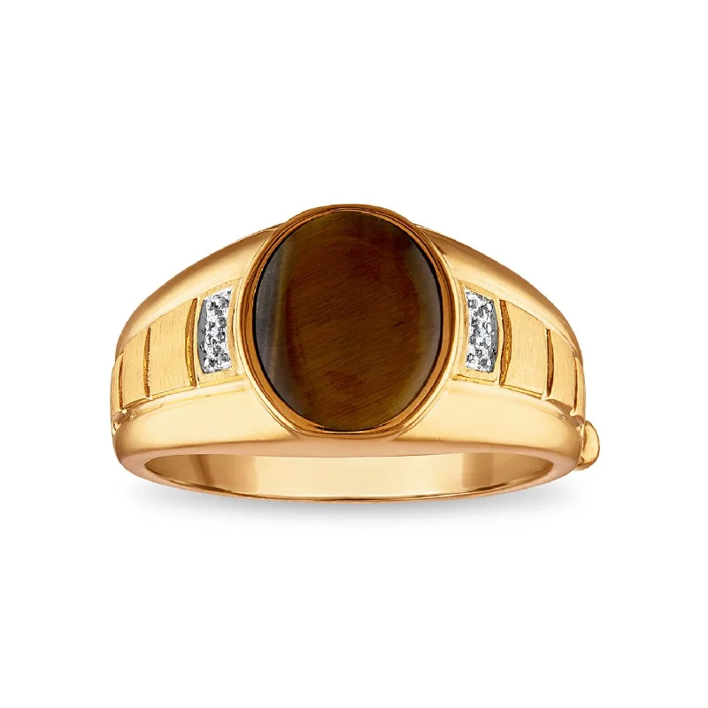 11X9MM Oval Tiger Eye and Diamond Fashion Ring in 10KT Yellow Gold