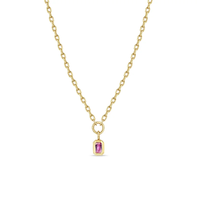 14k Emerald Cut Pink Sapphire Pendant Small Square Oval Chain Necklace