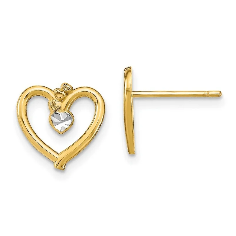 Curata 10k Yellow Gold Rhodium Sparkle Cut Love Heart Post Earrings - 10x11mm