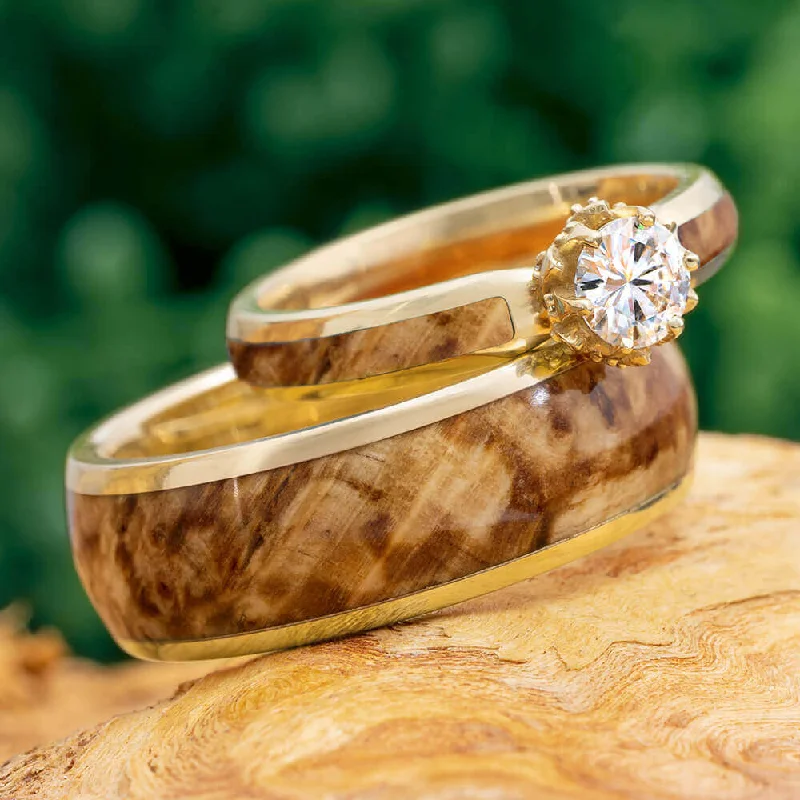 Wood Wedding Ring Set, Peridot Engagement Ring with Wood Wedding Band