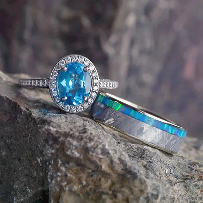 Gibeon Meteorite Wedding Ring Set, Topaz Engagement Ring With Opal Wedding Band