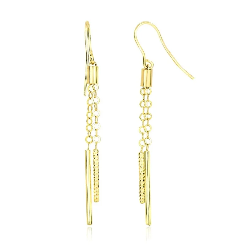 14k Yellow Gold Double Strand Cylinder and Chain Drop Style Earrings