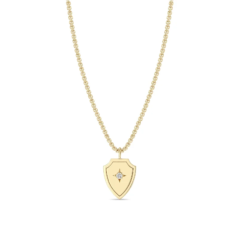 14k Diamond Shield Pendant Box Chain Necklace