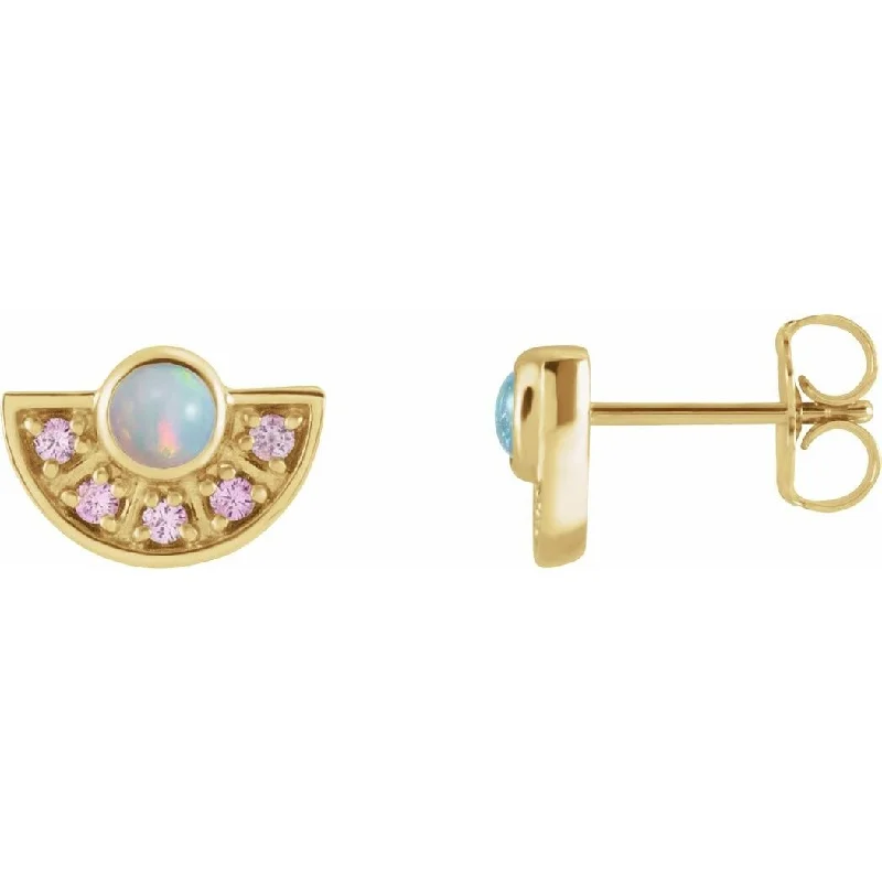 Curata 14k Yellow Gold Ethiopian Opal and Pink Sapphire Fan Earrings