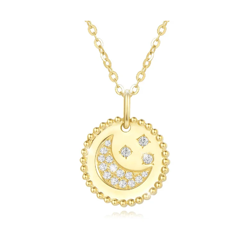 FANCIME Moon Star Round Disc Coin 14K Solid Gold Necklace