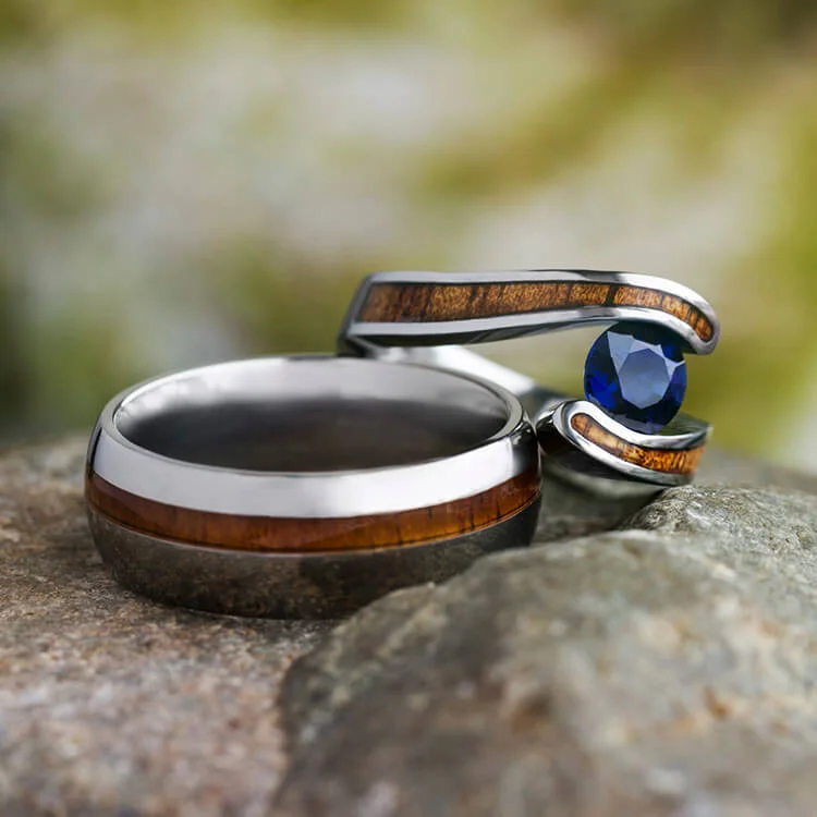 Hawaiian Wood Ring Set, Titanium Wedding Rings With Koa Wood