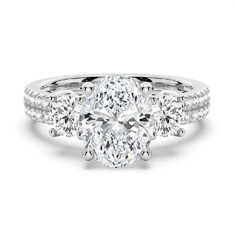 NEW Double Row Pave Three Stone Oval Cut Moissanite Engagement Ring