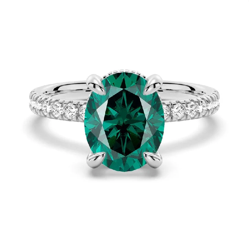 2 CT. Micropavé Oval Green Moissanite Engagement Ring With Hidden Halo