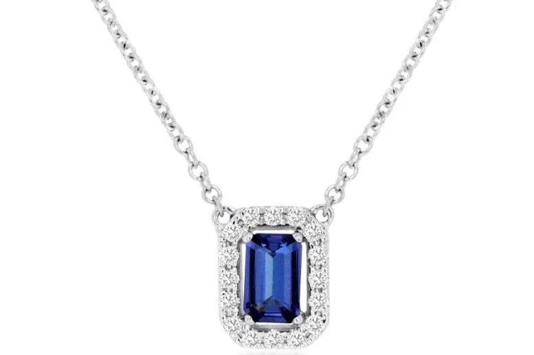 14k white gold emerald cut tanzanite diamond halo 18" necklace