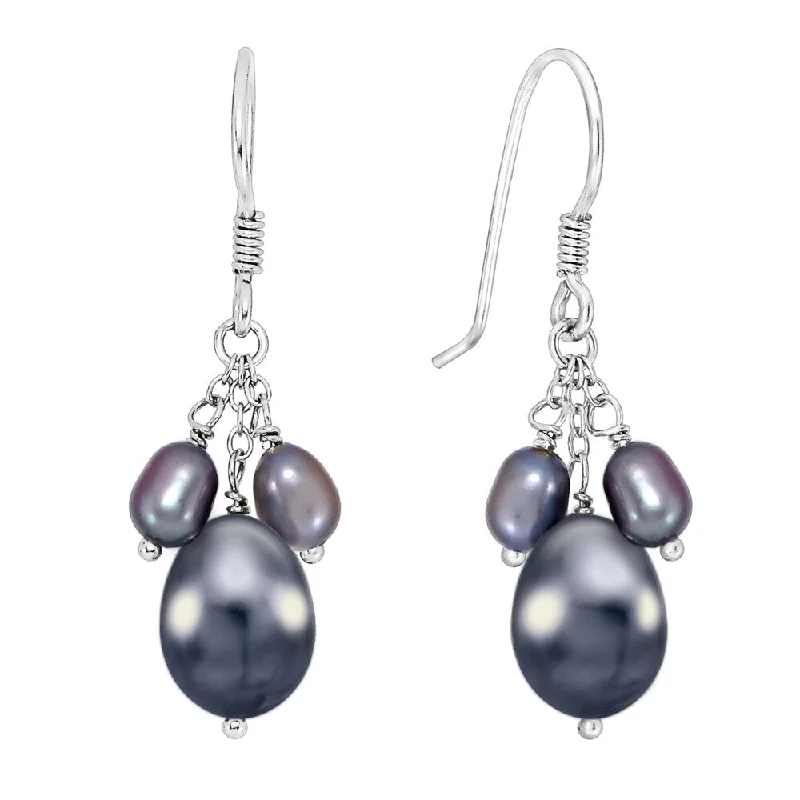 DaVonna Sterling Silver 4-7.5mm Black Freshwater Pearl Hangy Earrings