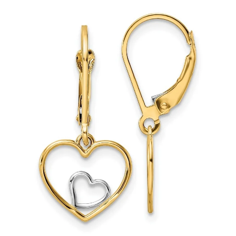 Curata 10k Yellow Gold Rhodium Love Heart In Heart Leverback Guardian Angel Earrings - 25.5x12.25mm