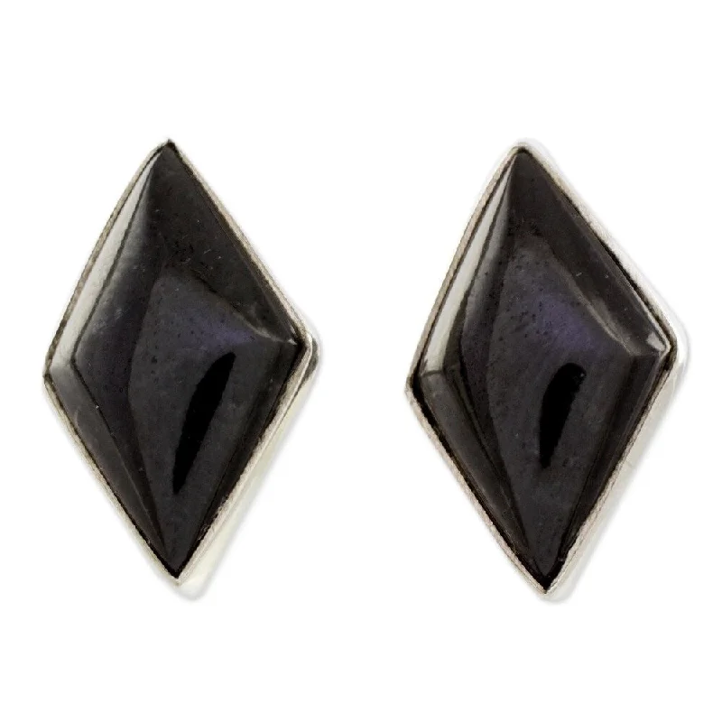 Handmade Midnight Maya Sterling Silver Diamond Black Jade Earrings (Guatemala) - 0.7L*0.4W