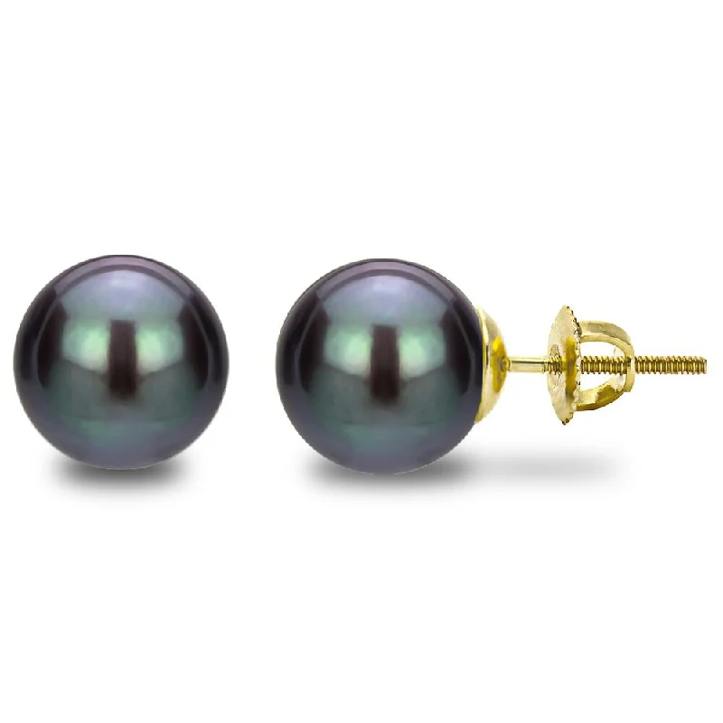 DaVonna 14k Gold Screw-back Round Black Freshwater High Luster AAA Pearl Screw-back Stud Earrings