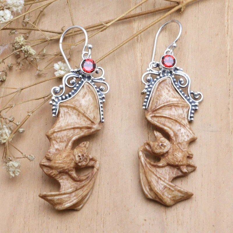 Novica Handmade Brown Bats Garnet And Bone Dangle Earrings