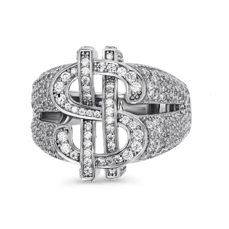 Sterling Silver and Cubic Zirconia Dollar Sign Iced Out Ring