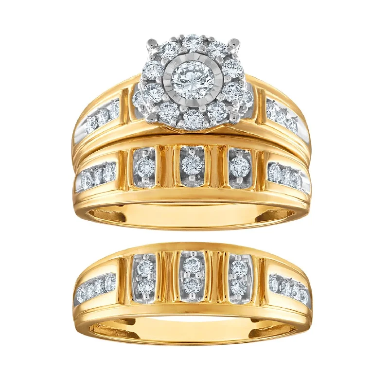 1 CTW Diamond Wedding Trio Set in 10KT White and Yellow Gold