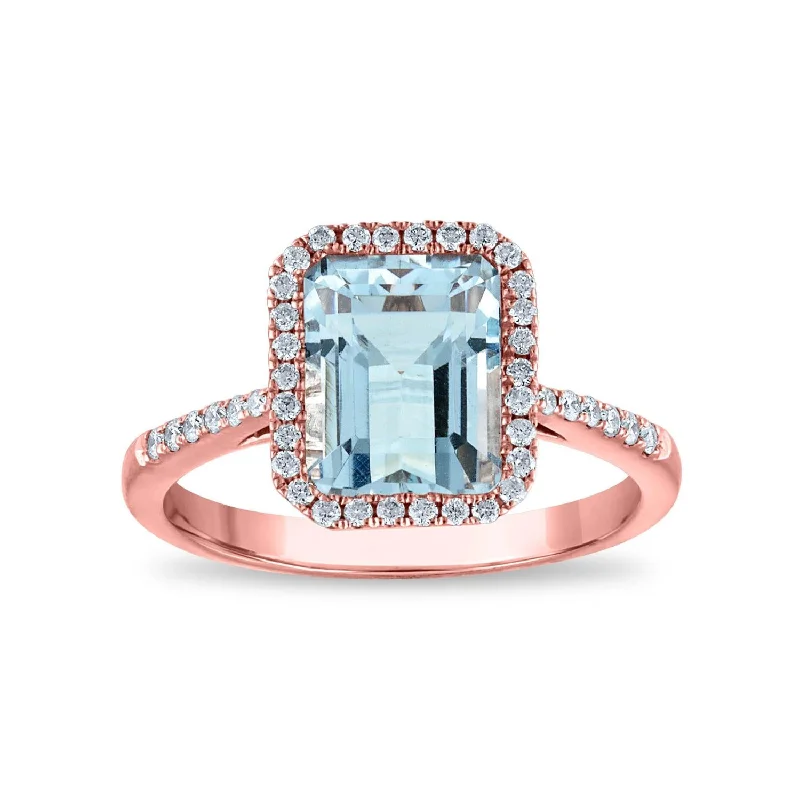 EFFY 9X7MM Emerald Shape Aquamarine and Diamond Halo Engagement Ring in 14KT Rose Gold