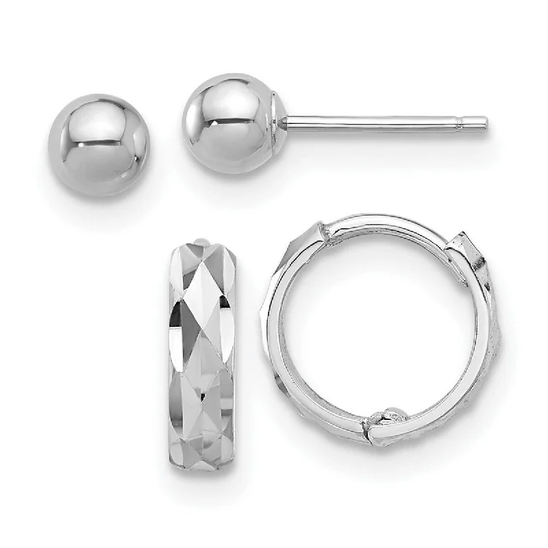 Curata 14k White Gold Polished Ball and Sparkle Cut Hinged Hoop Earrings - 4mm