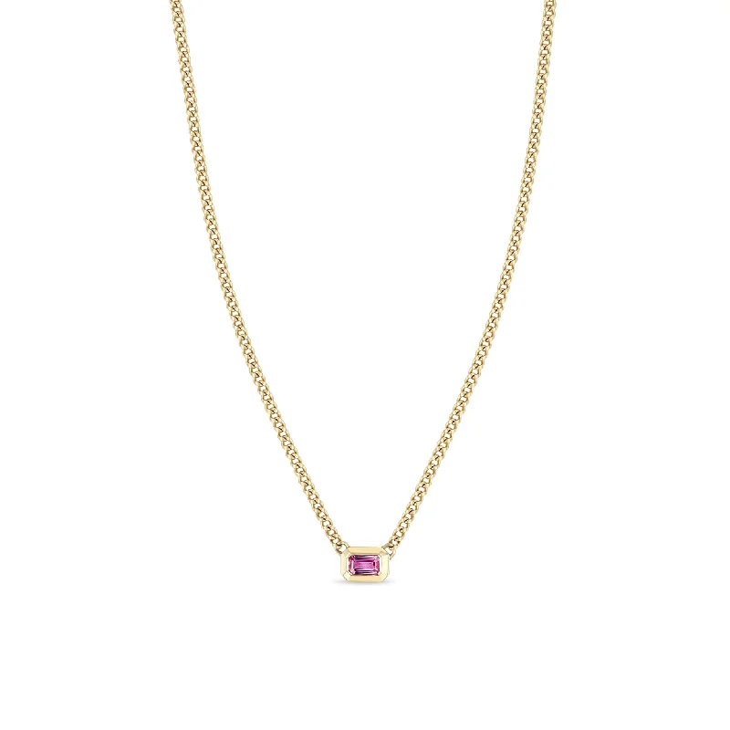 14k Emerald Cut Pink Sapphire Bezel XS Curb Chain Necklace