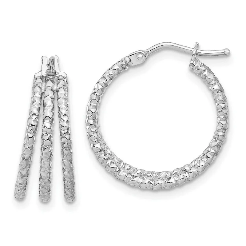 Curata 14k White Gold Polished and Textured Three Row Hoop Post Earrings - 19.45x18.7mm