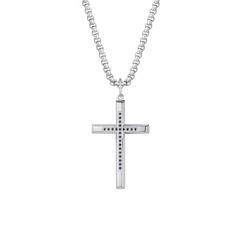 Fancime Mens Sterling Silver & Black Stone Cross Pendant Necklace 24 Inches