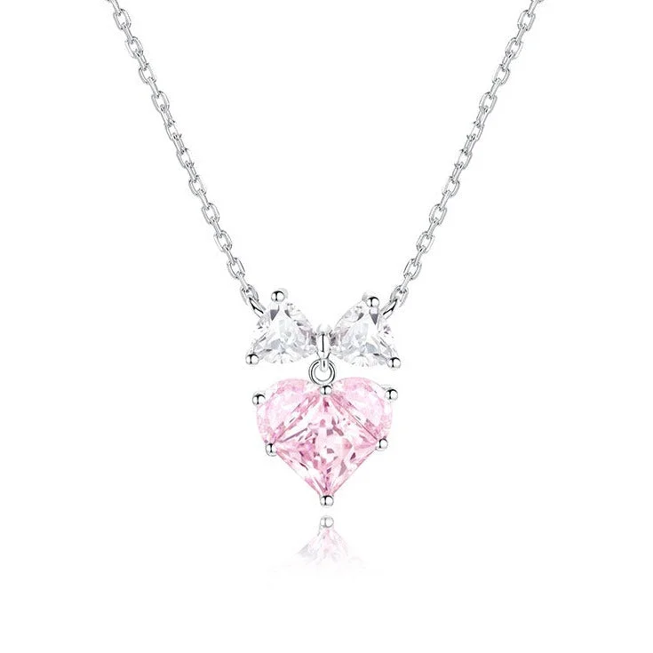 FANCIME "Bow For Princess" Pink Heart Sterling Silver Necklace