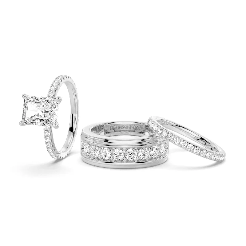 Radiant Cut Moissanite Couple's Ring Set with Men's Wedding Band