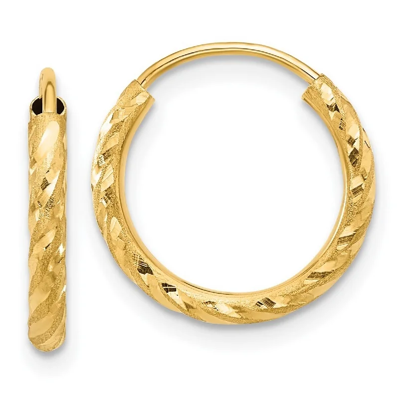 Curata 14k Yellow Gold Polished and Satin and Sparkle Cut Endless Hoop Earrings - 14.7x2mm