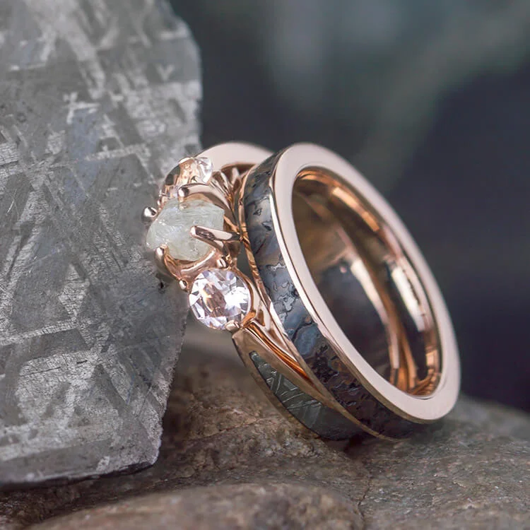 Polished Gold Ring Set With Three Stone Meteorite Engagement Ring