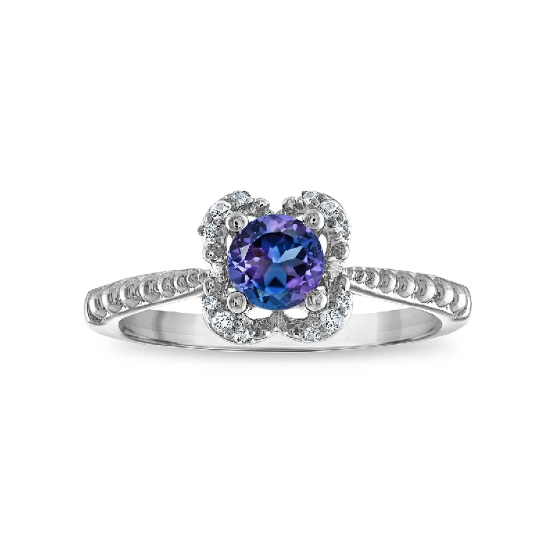 5MM Round Alexandrite and White Sapphire Birthstone Flower Halo Ring in Sterling Silver