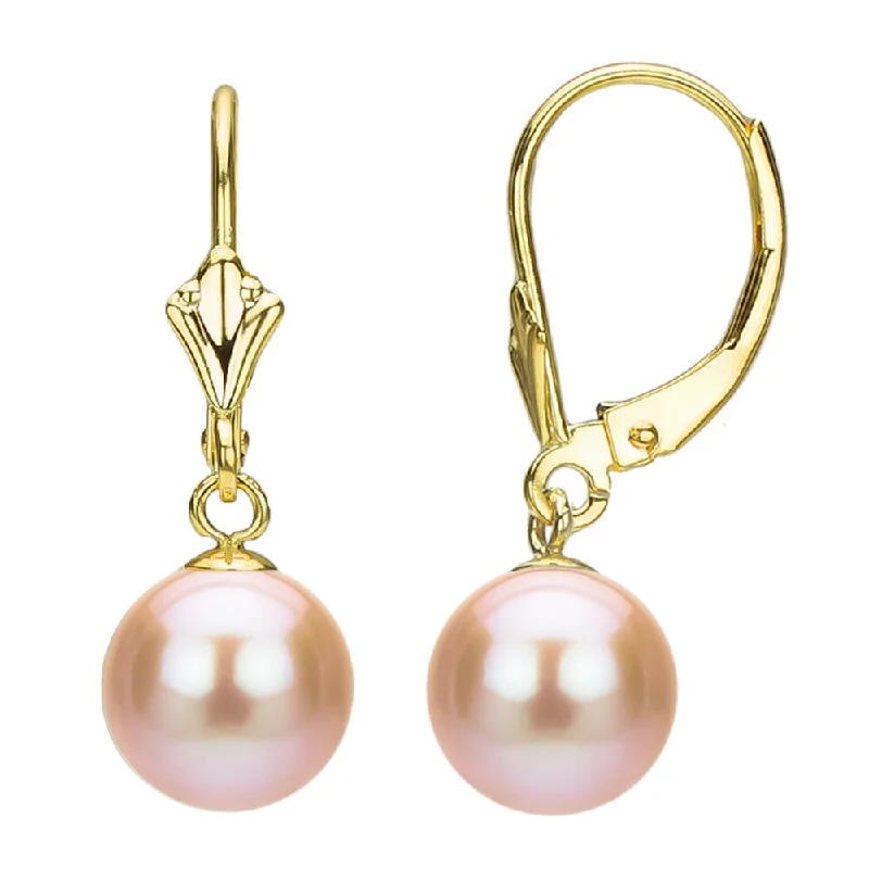 DaVonna 14k Yellow Gold 9-10 mm Round Pink Freshwater Pearl Design Lever-back Earrings