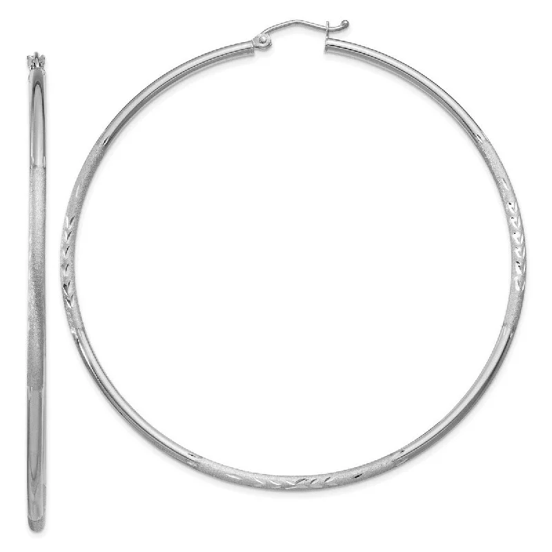 Curata 10k White Gold Satin and Sparkle Cut Round Hoop Earrings - 65mm