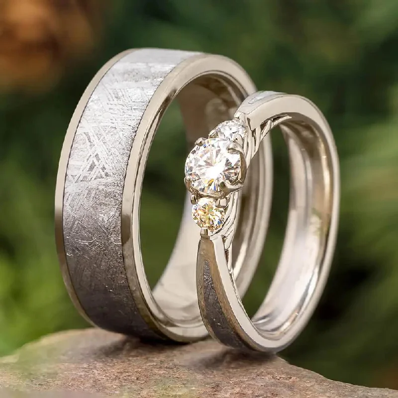 Meteorite Wedding Ring Set With Three Stone Engagement Ring