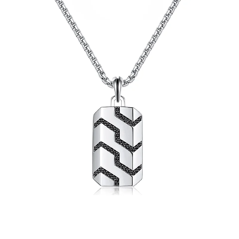 Sterling Silver Mens Black Spinel Classic Chain Dog Tag Pendant On A Stainless Box Chain Necklace 24 Inches