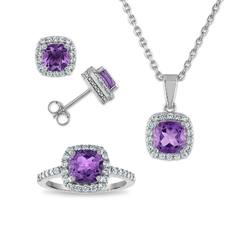 Amethyst and White Sapphire Ring Pendant Earrings Set in Sterling Silver