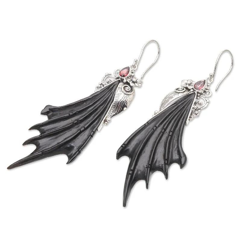 Novica Handmade Wings Of Devil Horn And Garnet Dangle Earrings