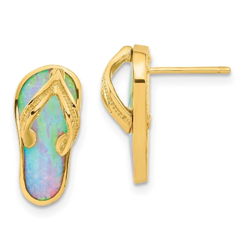 Curata 14k Yellow Gold Created White Opal Flip Flop Post Earrings - 16x8mm Wide